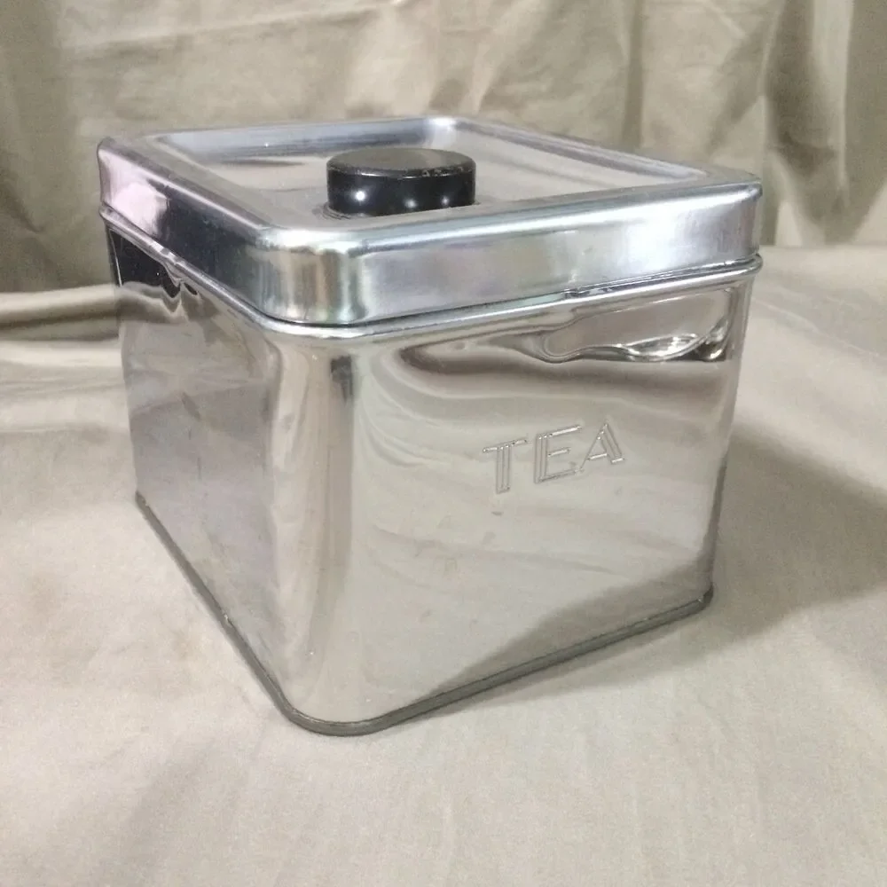 Vintage Kreamer Ware Chrome TEA Canister 1950s MCM Metal Kitchen Tin Black Knob
